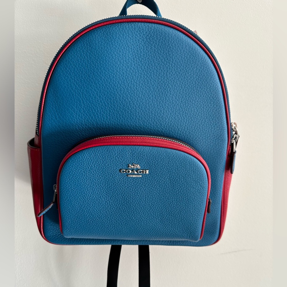 Coach Colorblock Leather Court Backpack (Blue Jay) | Color: Blue/Red | Size: Os